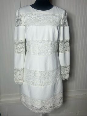 Adrianna Papell White Lace Panel Long Sleeve Dress sample with tag